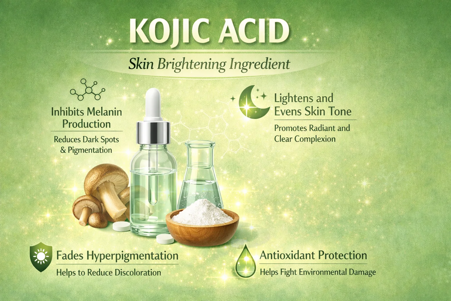 Illustration showing kojic acid skin benefits including inhibiting melanin production, fading hyperpigmentation, and antioxidant protection with visuals of mushrooms and a serum dropper bottle.